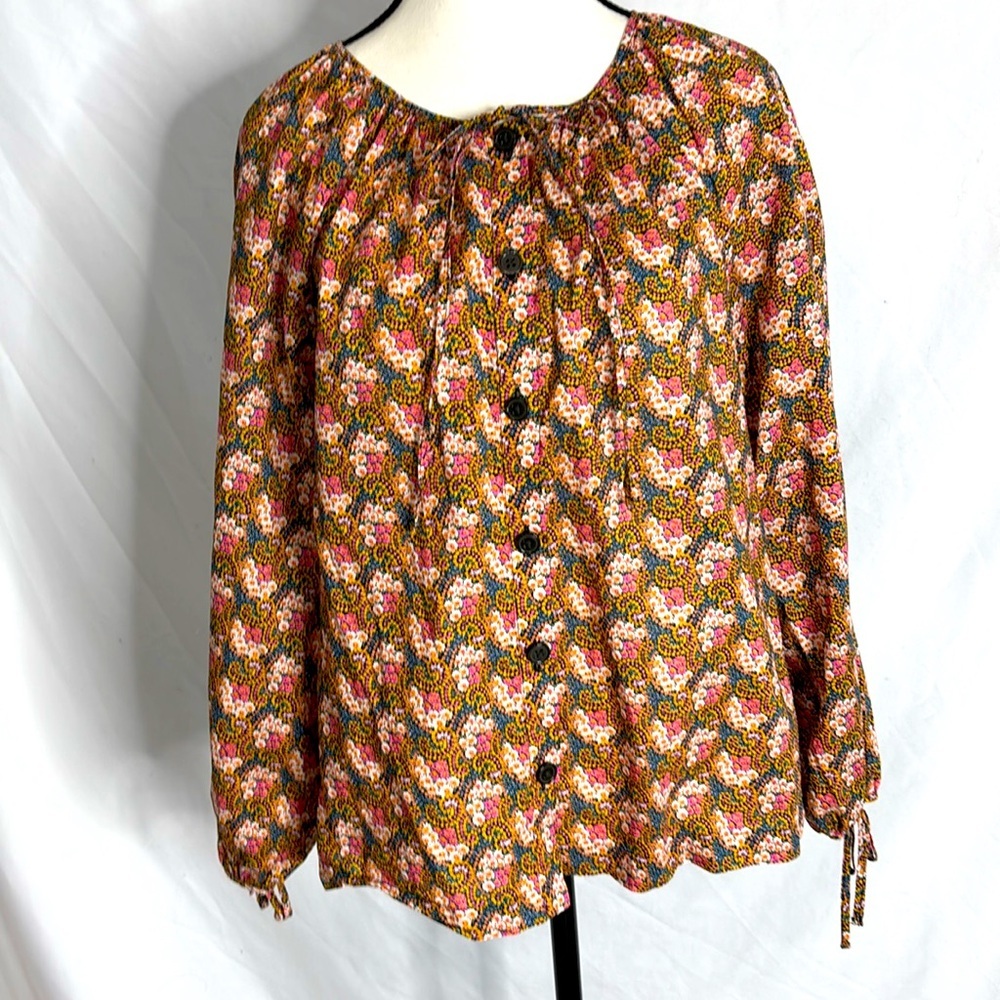 J Crew Collection  Womens Floral Long Sleeve Prairie Drawstring Blouse